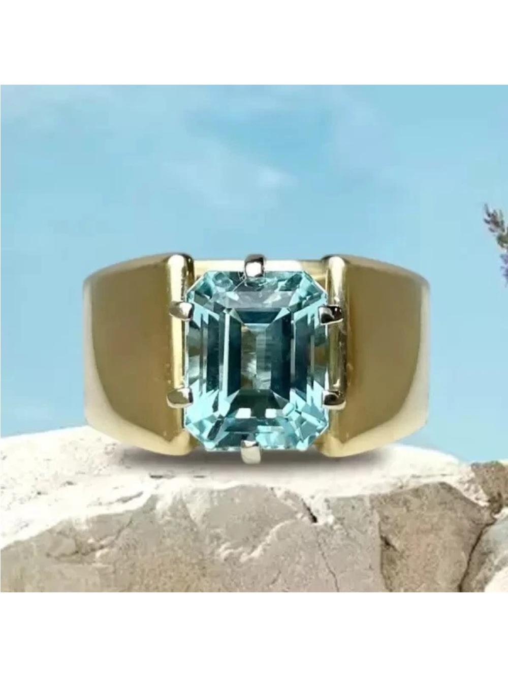 Sterling Silver 14k Plated Gold Ring with Created Aquamarine Emerald-Cut Stone